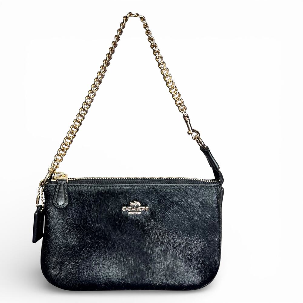 RARE Coach Large Wristlet 19 Black Haircalf Leather Chain Clutch Bag F64583 EUC - Picture 1 of 14